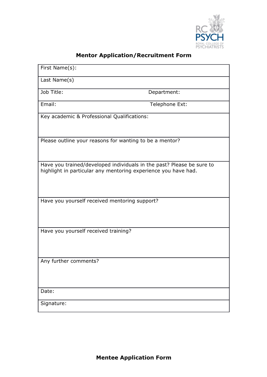 Mentor Application/Recruitment Form