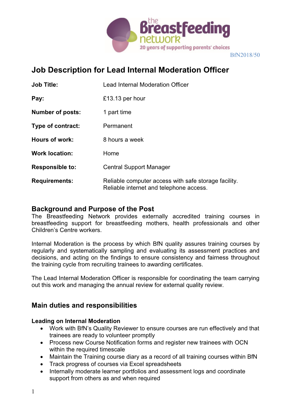 Job Description for Lead Internal Moderation Officer