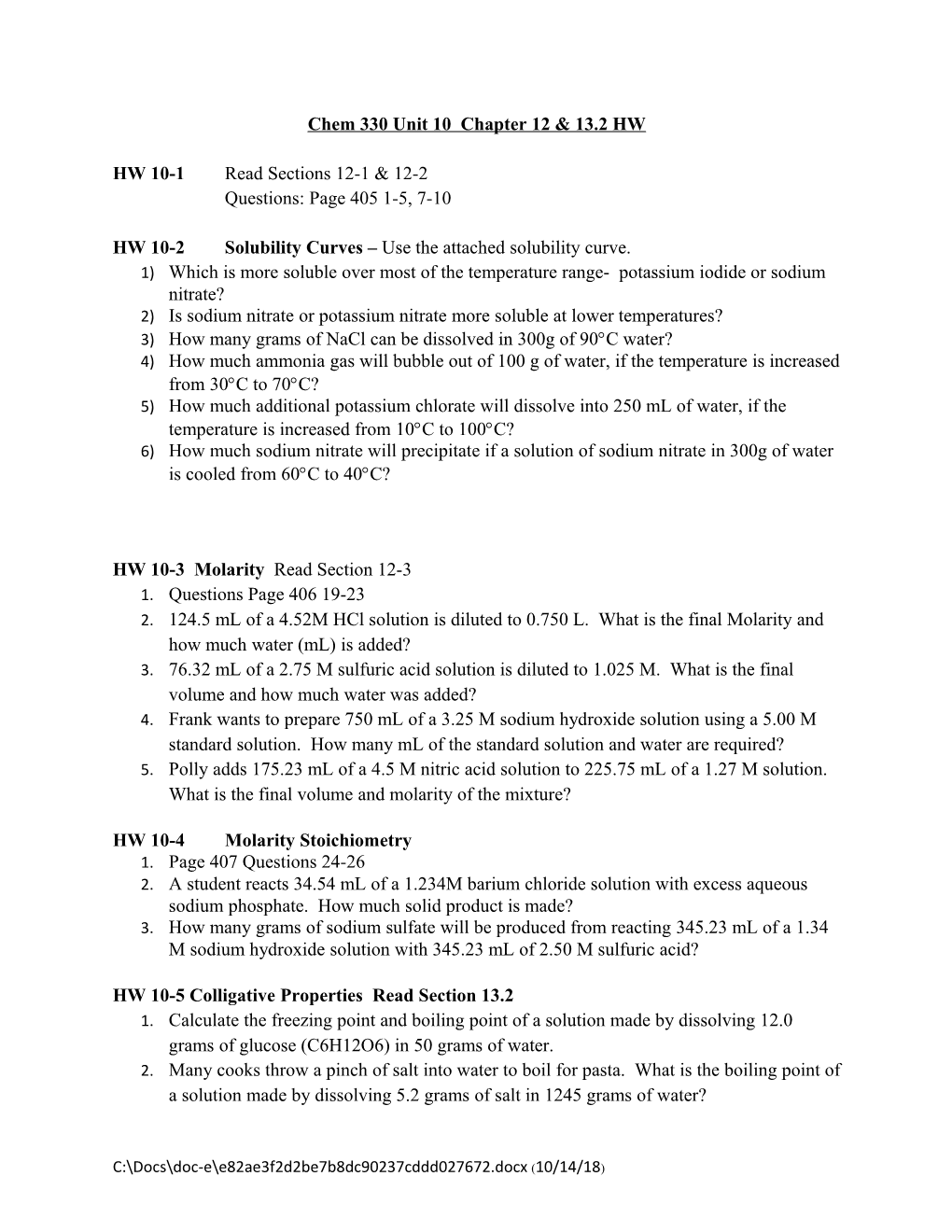 Chem 330 Unit 10 Chapter 12 & 13.2 HW