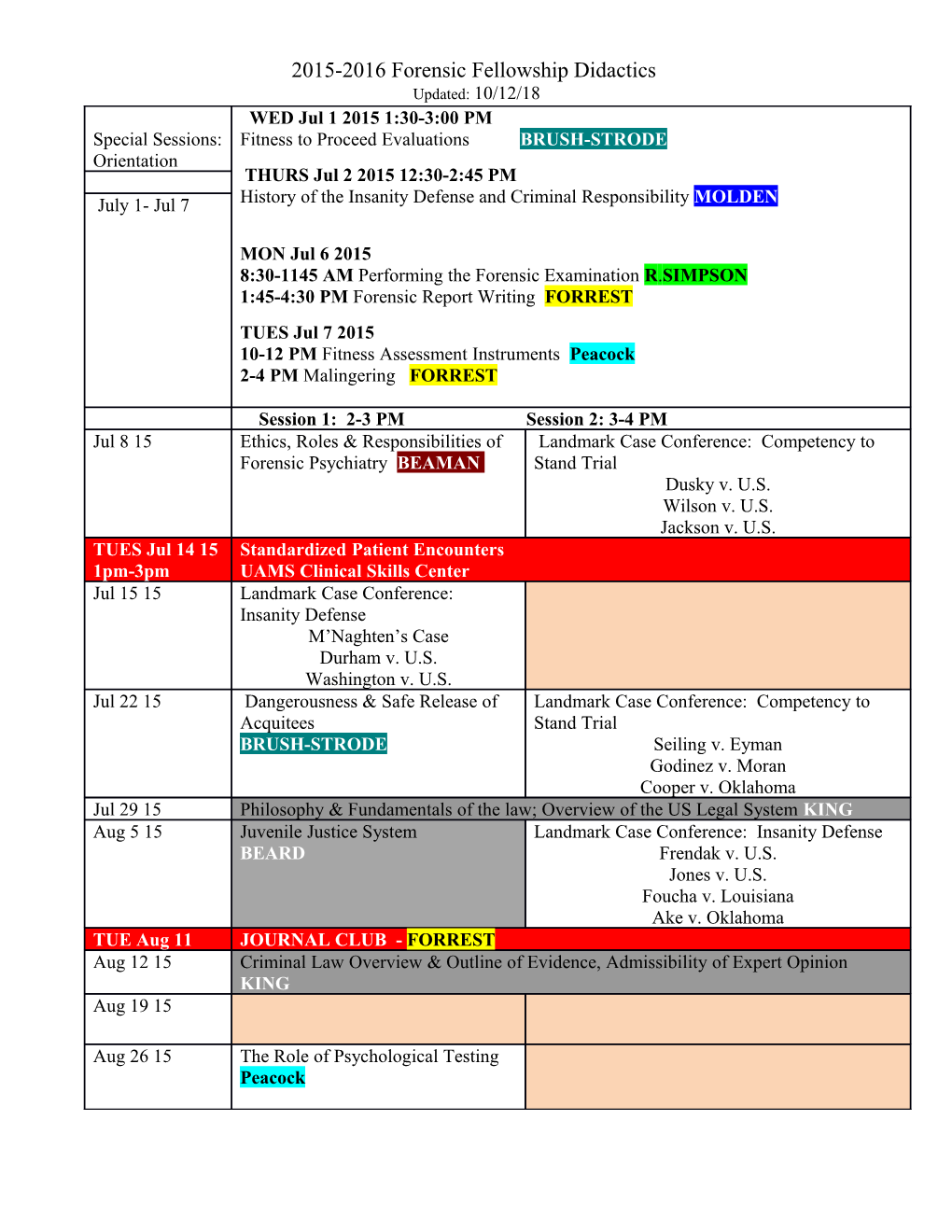 Forensic Seminar Schedule