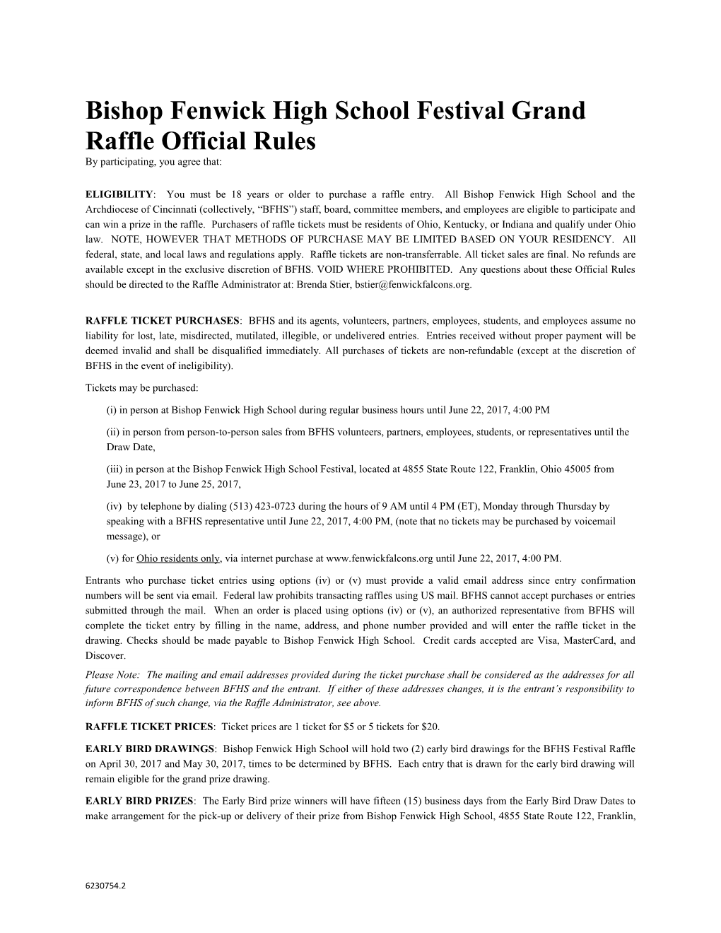 Bishop Fenwick High School Festival Grand Raffle Official Rules by Participating, You
