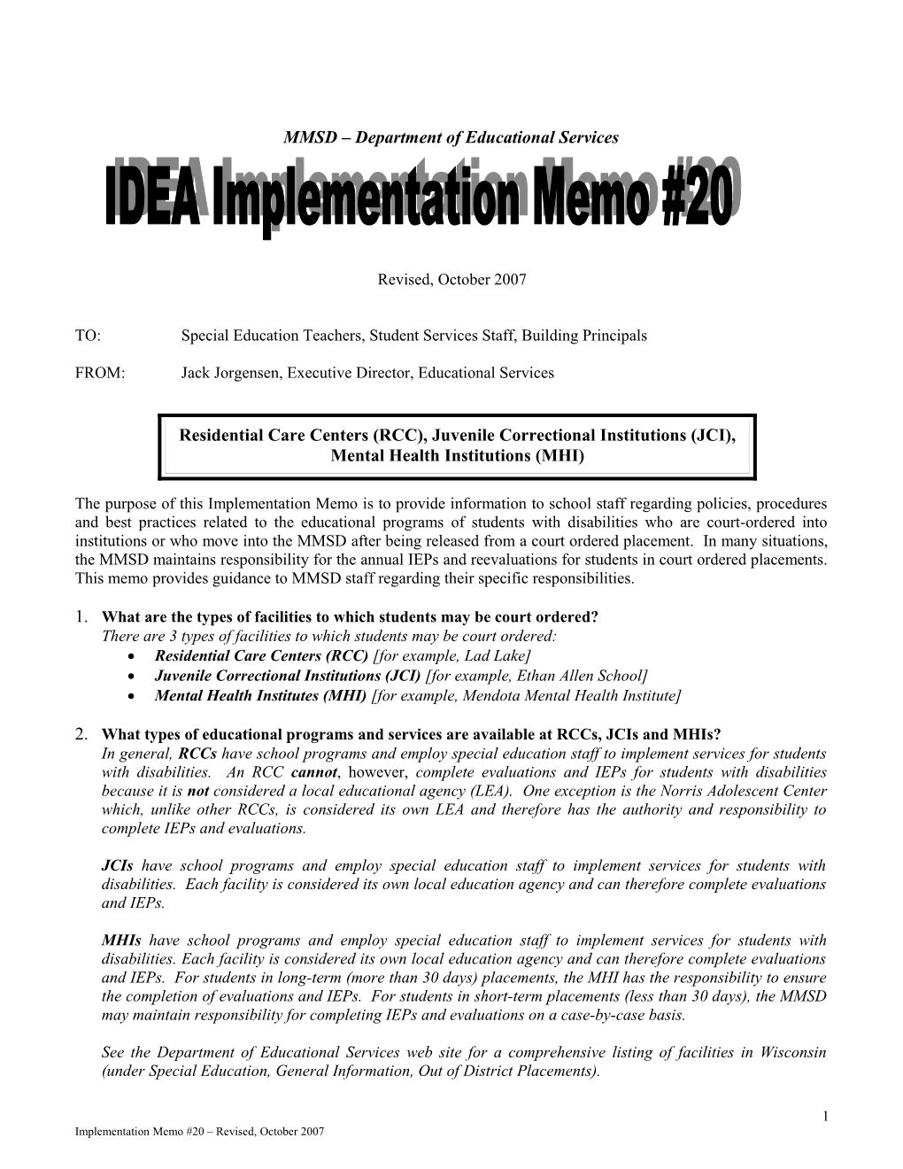 Implementation Memo #20 - Revised, September 2007