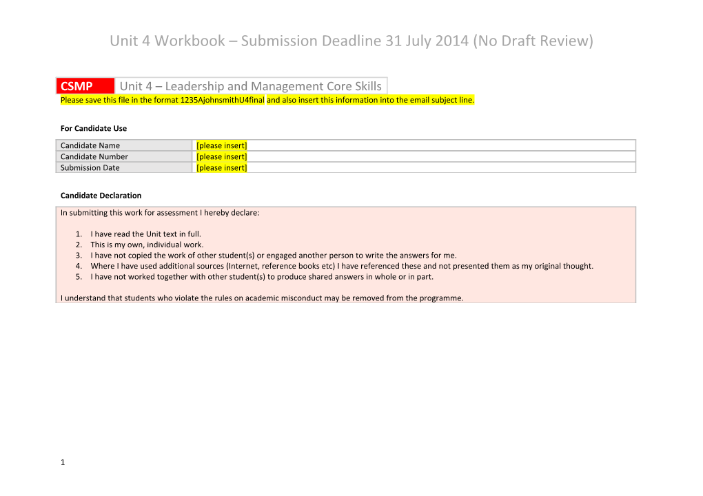 Unit 4 Workbook Submission Deadline 31 July 2014 (No Draft Review)