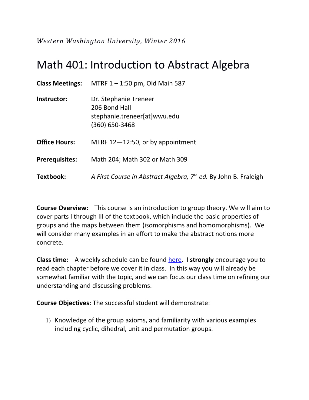 Math 401: Introduction to Abstract Algebra