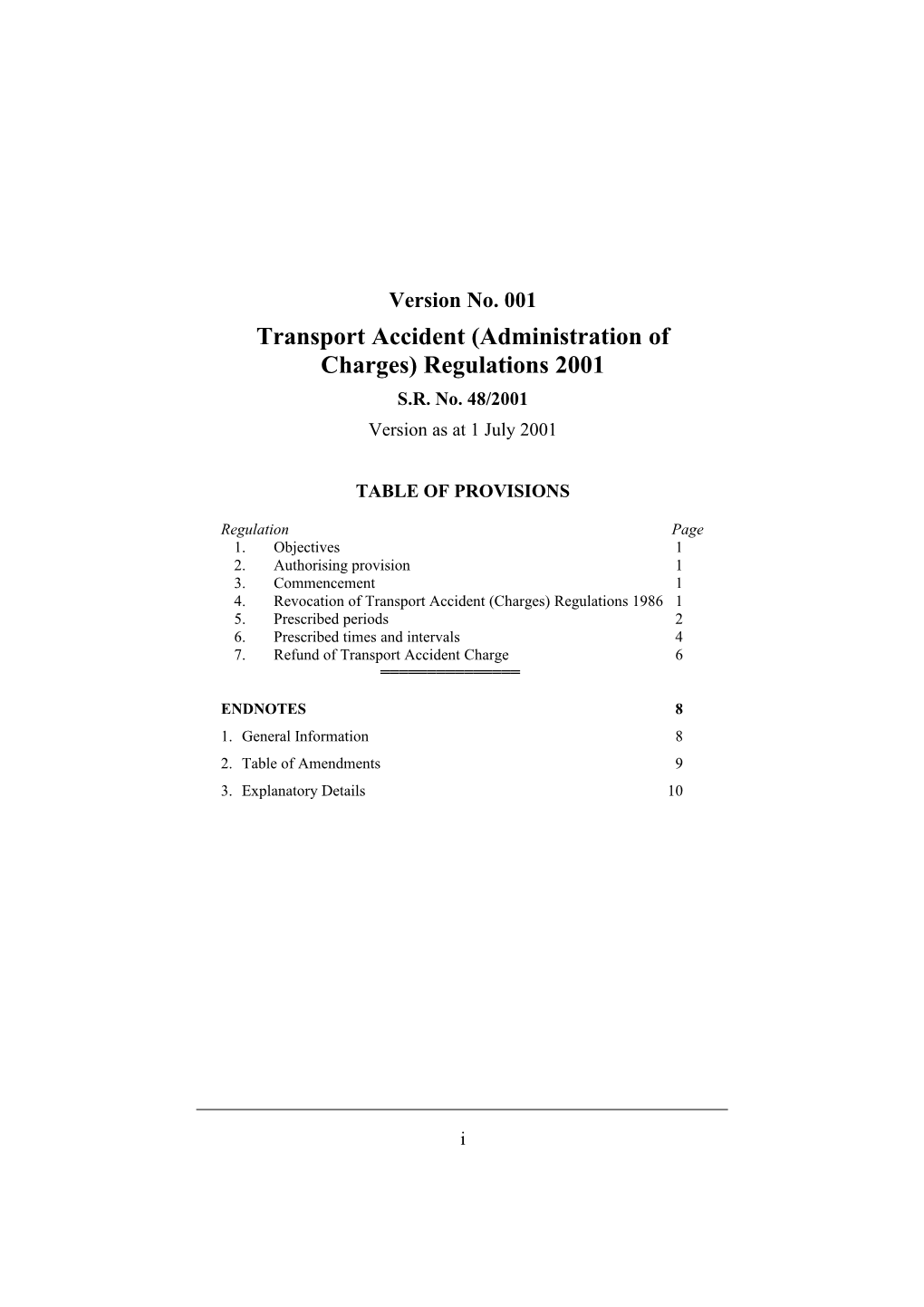 Transport Accident (Administration of Charges) Regulations 2001