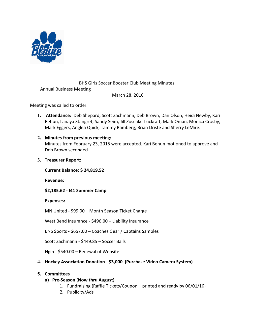 BHS Girls Soccer Booster Club Meeting Minutes Annual Business Meeting