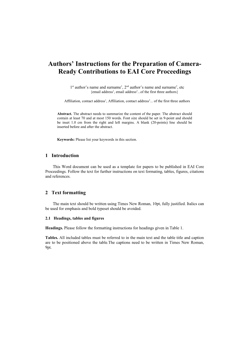 Authors Instructions for the Preparation of Camera-Ready Contributions to EAI Core Proceedings