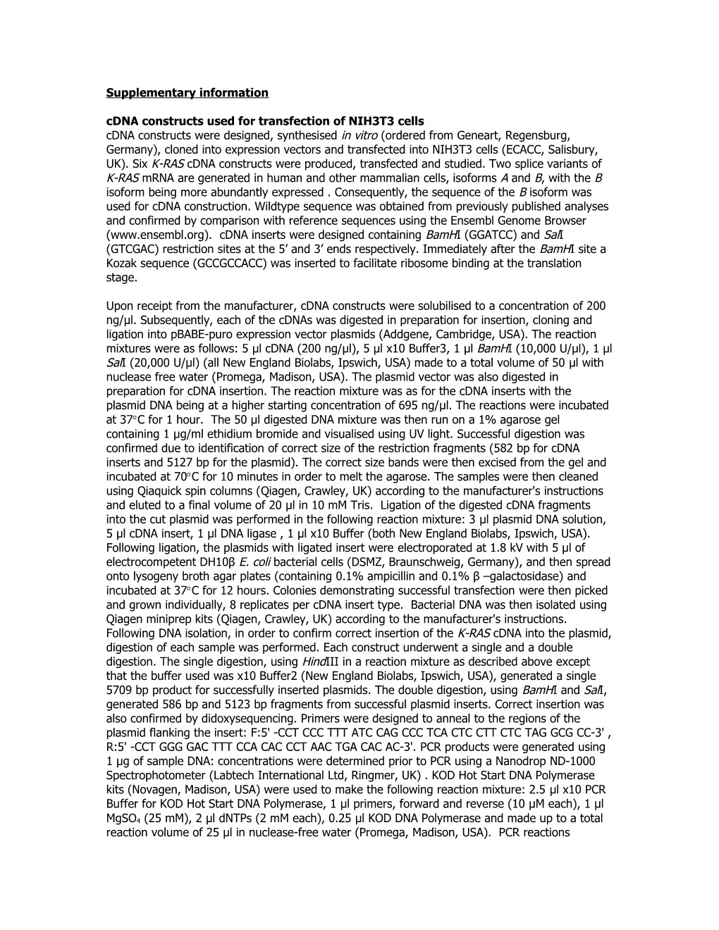 Cdna Constructs Used for Transfection of NIH3T3 Cells