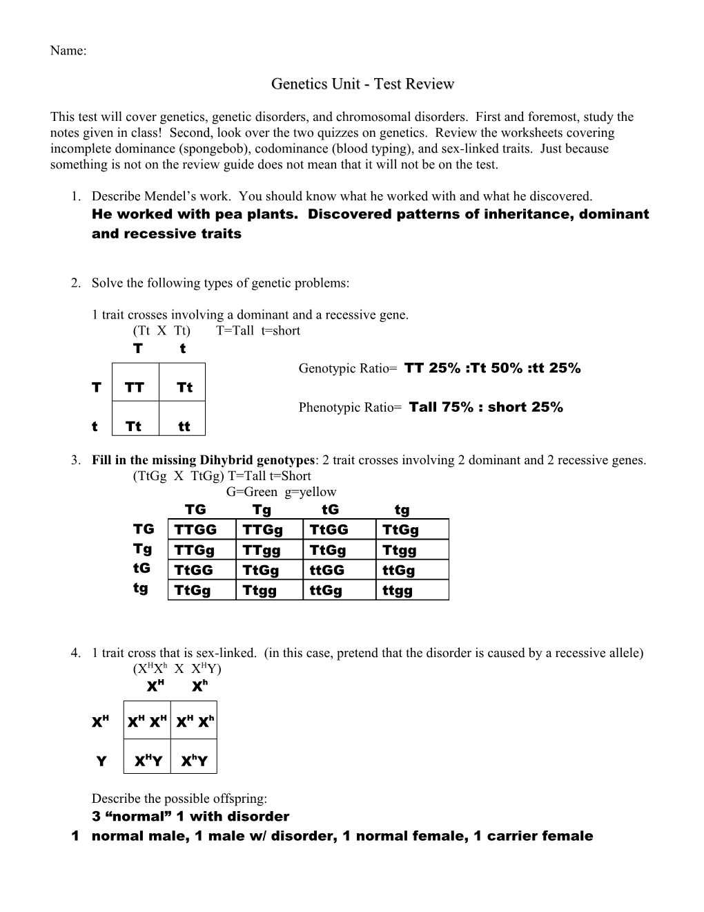 Genetics Unit - Test Review