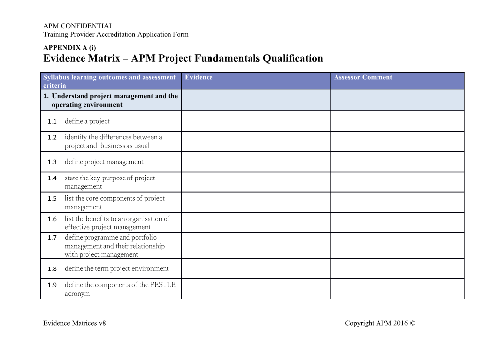 Evidence Matrix APM Project Fundamentals Qualification