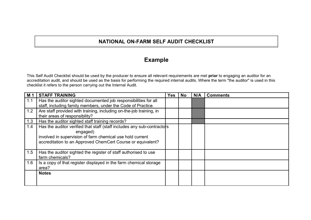 National On-Farm Self Audit Checklist