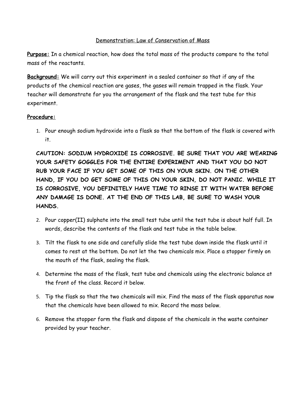 Demonstration: Law of Conservation of Mass