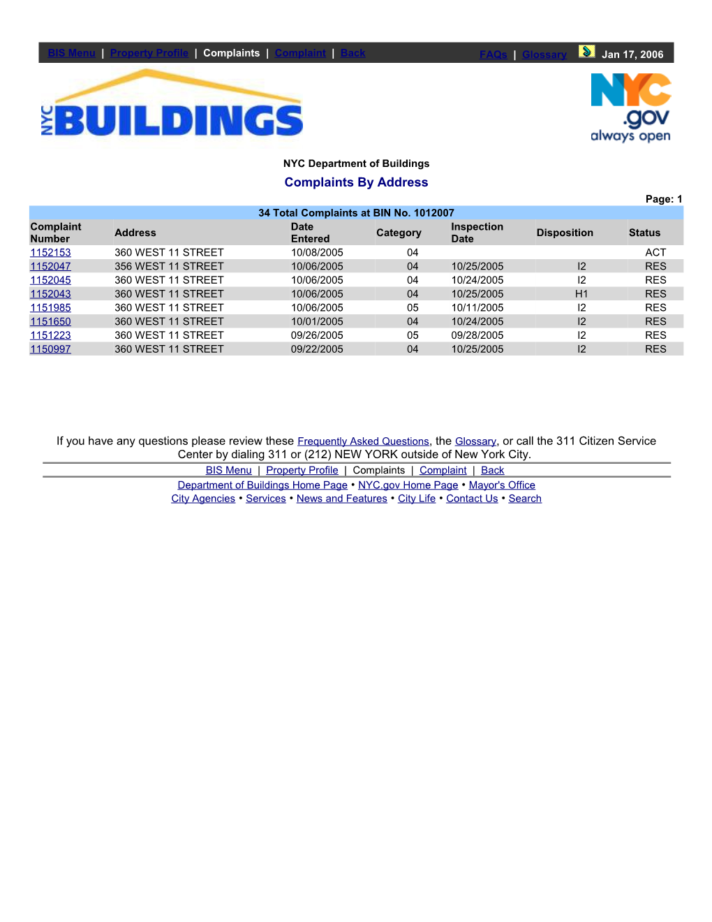 BIS Menu Property Profile Complaints Complaint Back