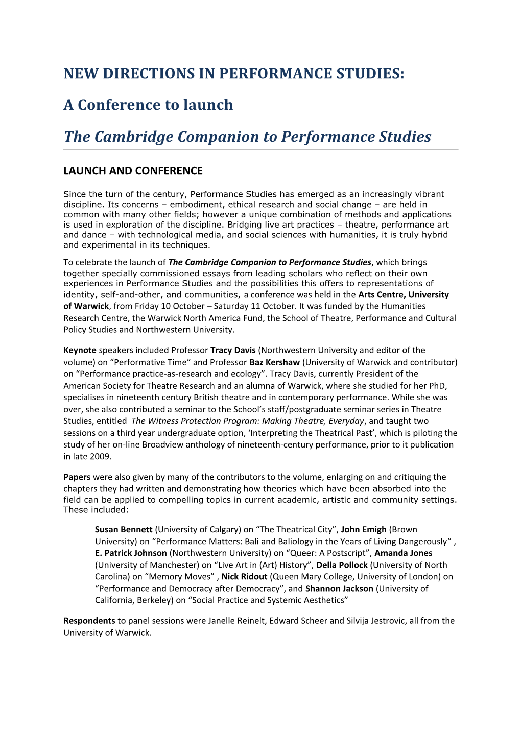 New Directions in Performance Studies