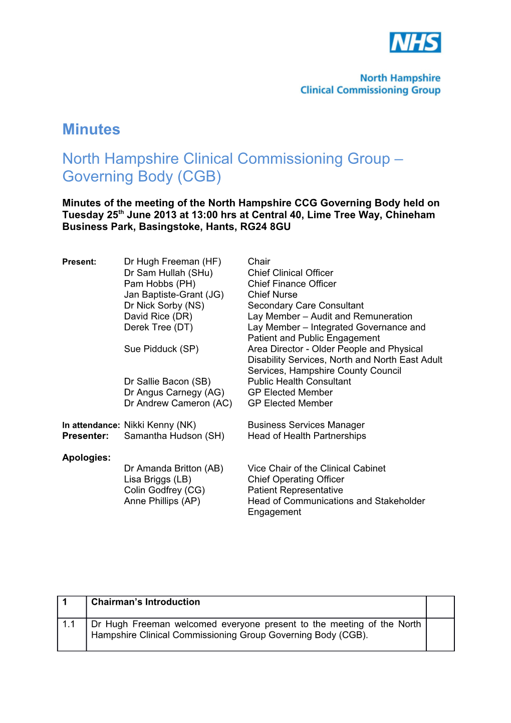 North Hampshire Clinical Commissioning Group Governing Body (CGB)