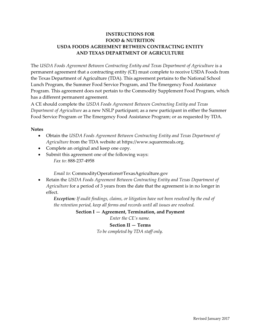 Usda Foods Agreement Between Contracting Entity