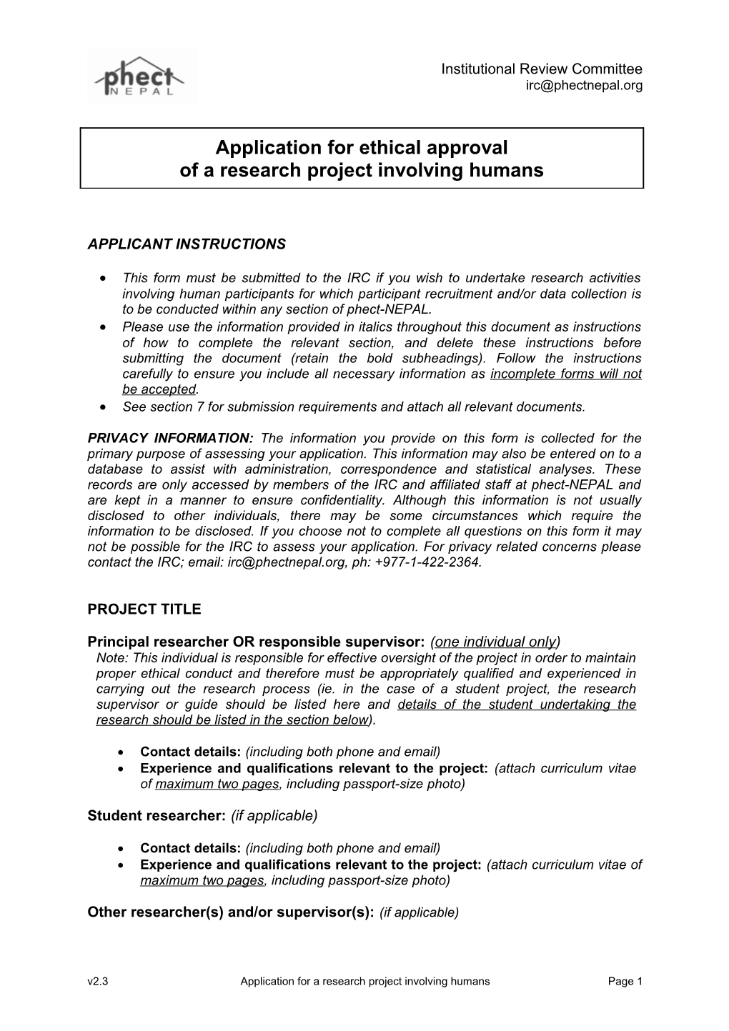 Application for Ethical Approval of a LOW RISK Project Involving Humans