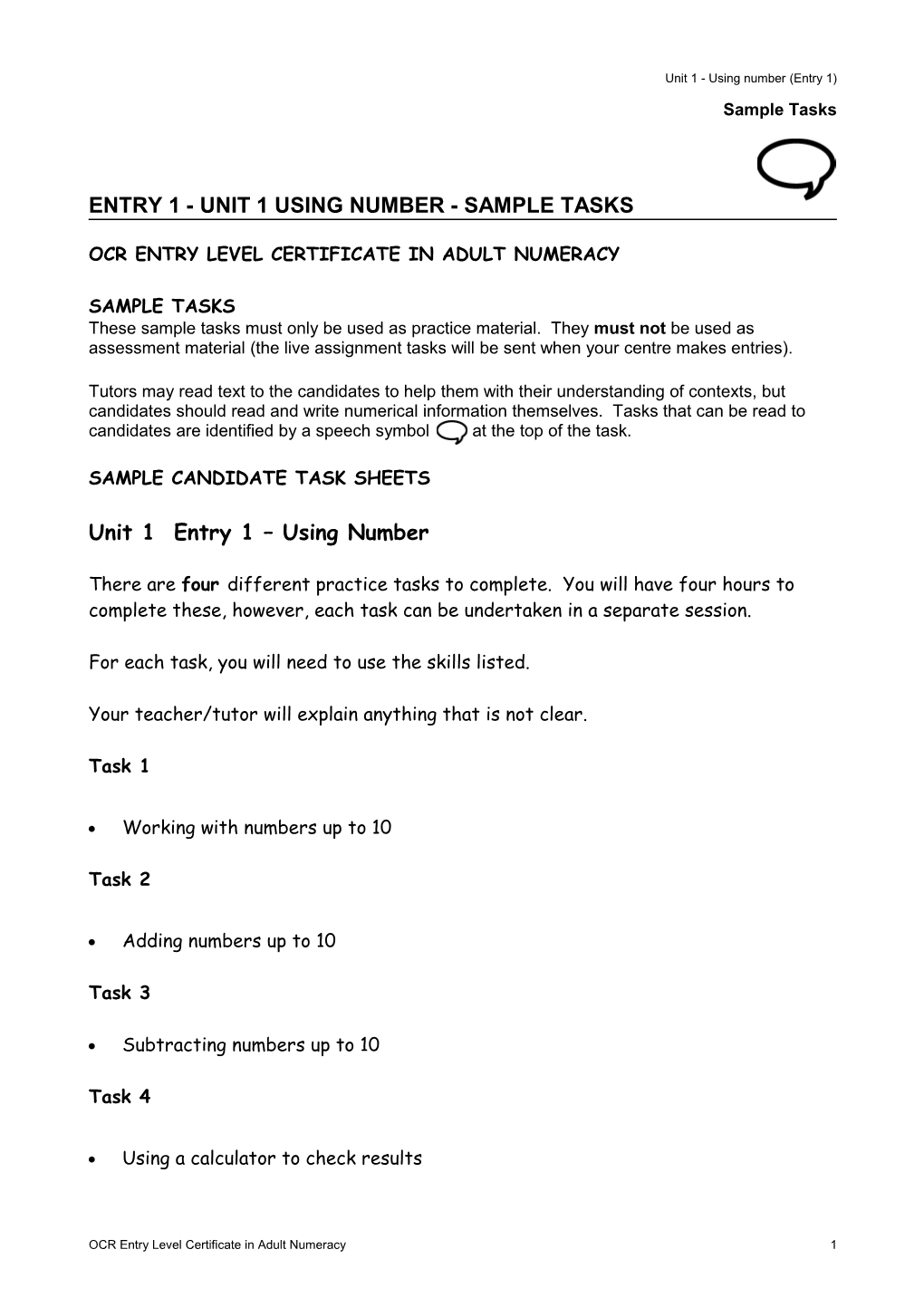 Entry 1 - UNIT 1 Using Number - Sample Tasks