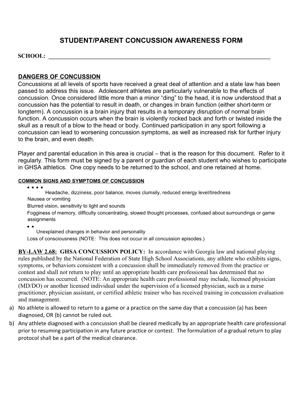 Student/Parent Concussion Awareness Form