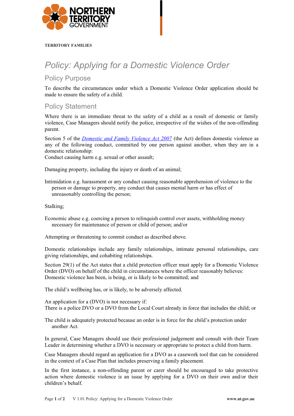Policy: Applying for a Domestic Violence Order
