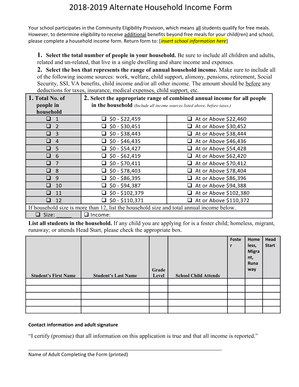 2018-2019 Alternate Household Income Form