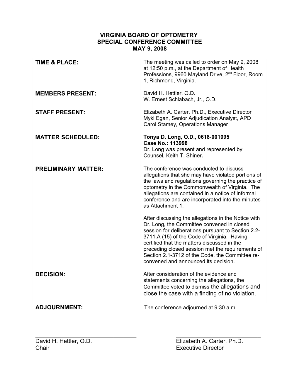 Board of Optometry Minutes 5-9-2008