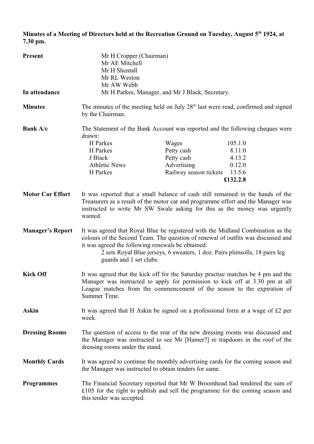 Minutes of a Meeting of Directors Held at the Recreation Ground on Tuesday July 1St 1924, At