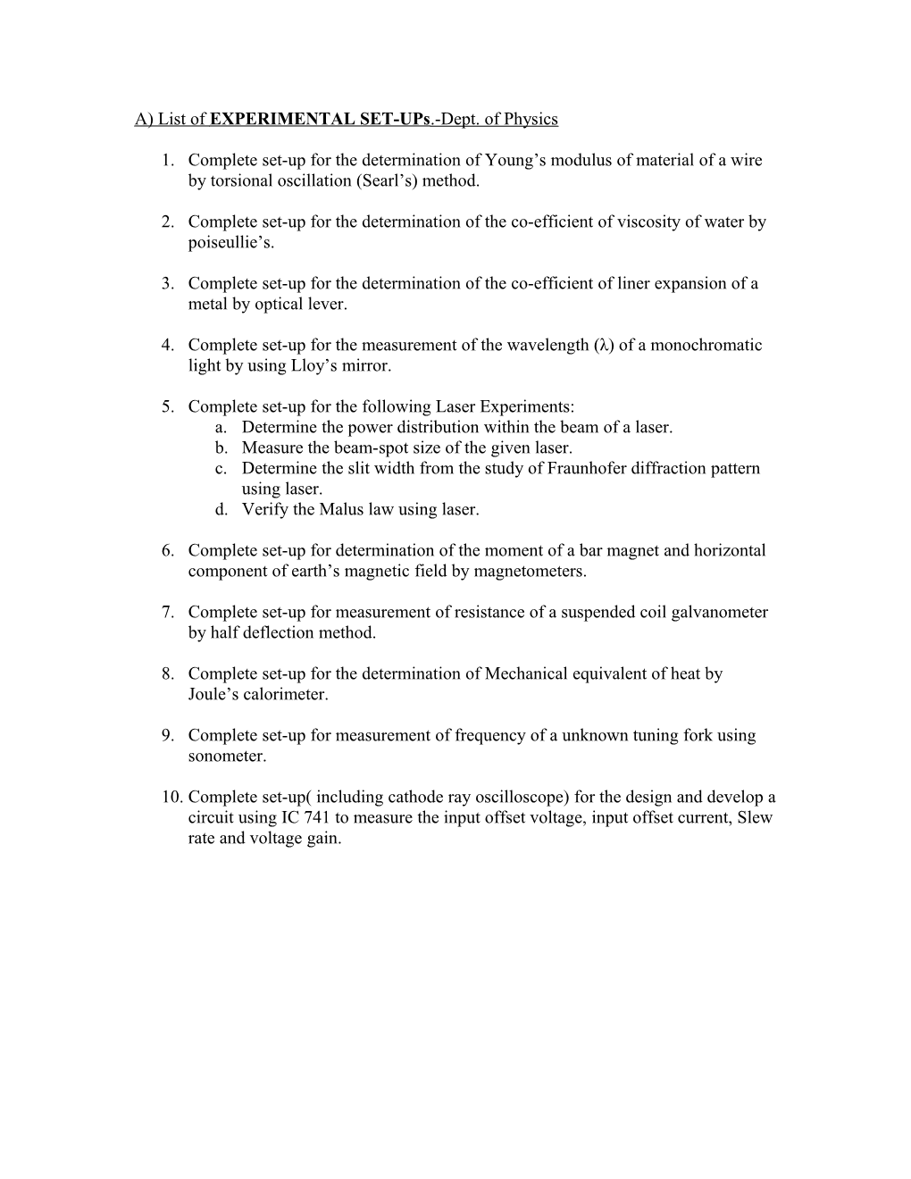 A) List of EXPERIMENTAL SET-Ups .-Dept. of Physics