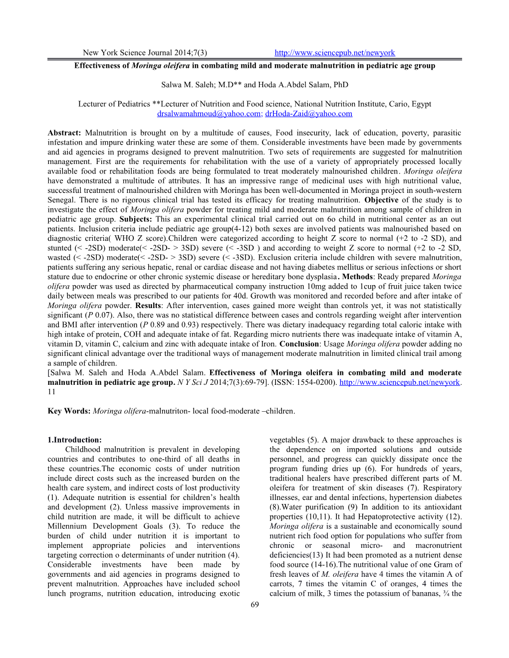 Effectiveness of Moringaoleifera in Combating Mild and Moderate Malnutrition in Pediatric