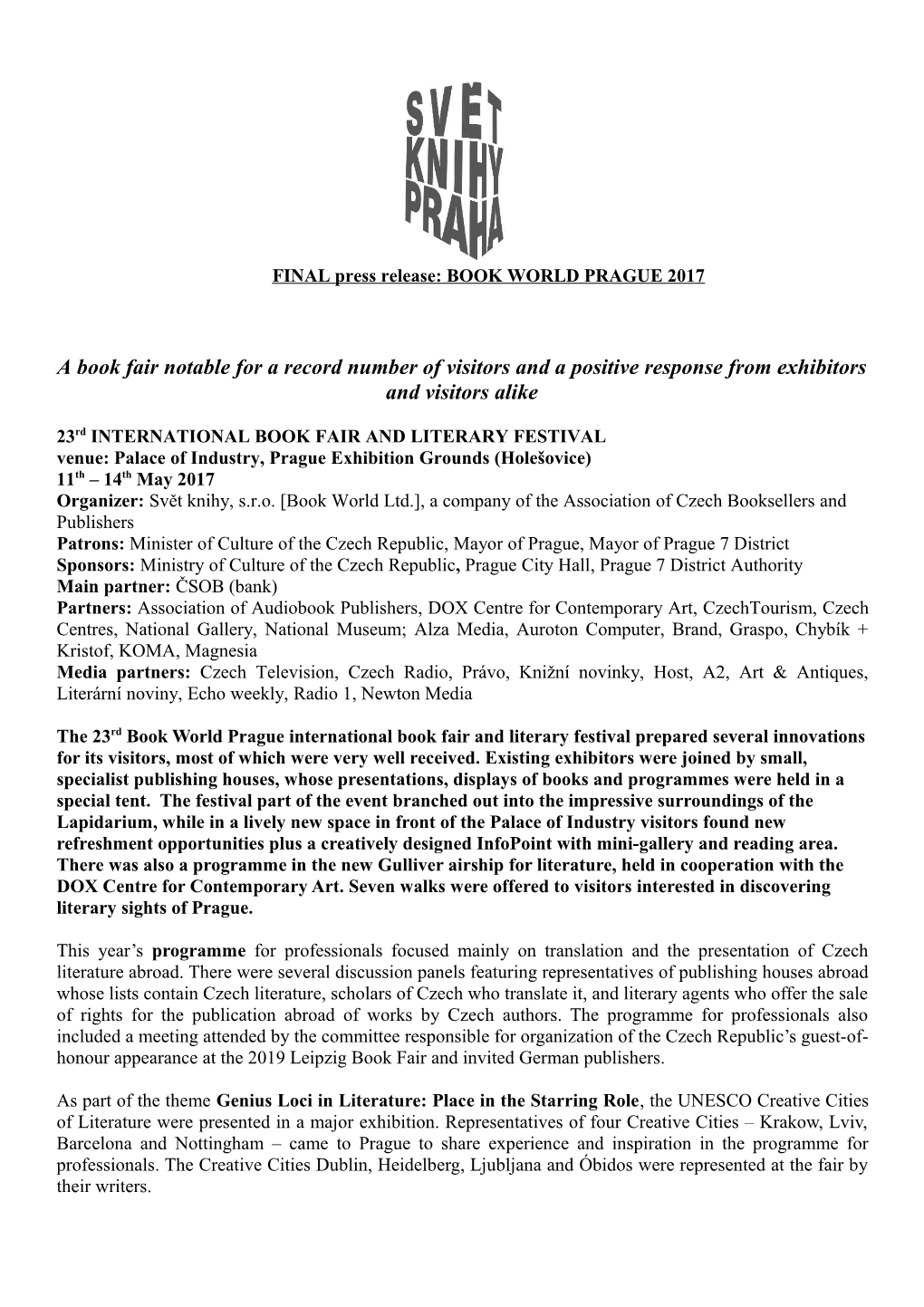 FINAL Press Release: BOOK WORLD PRAGUE 2017