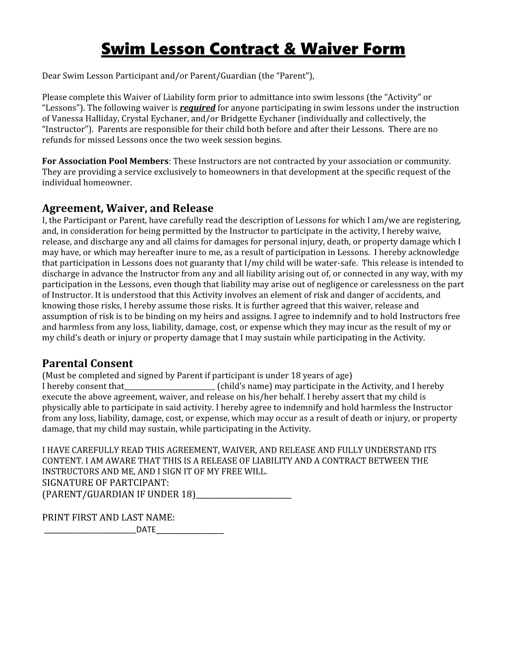 Swim Lesson Contract & Waiver Form