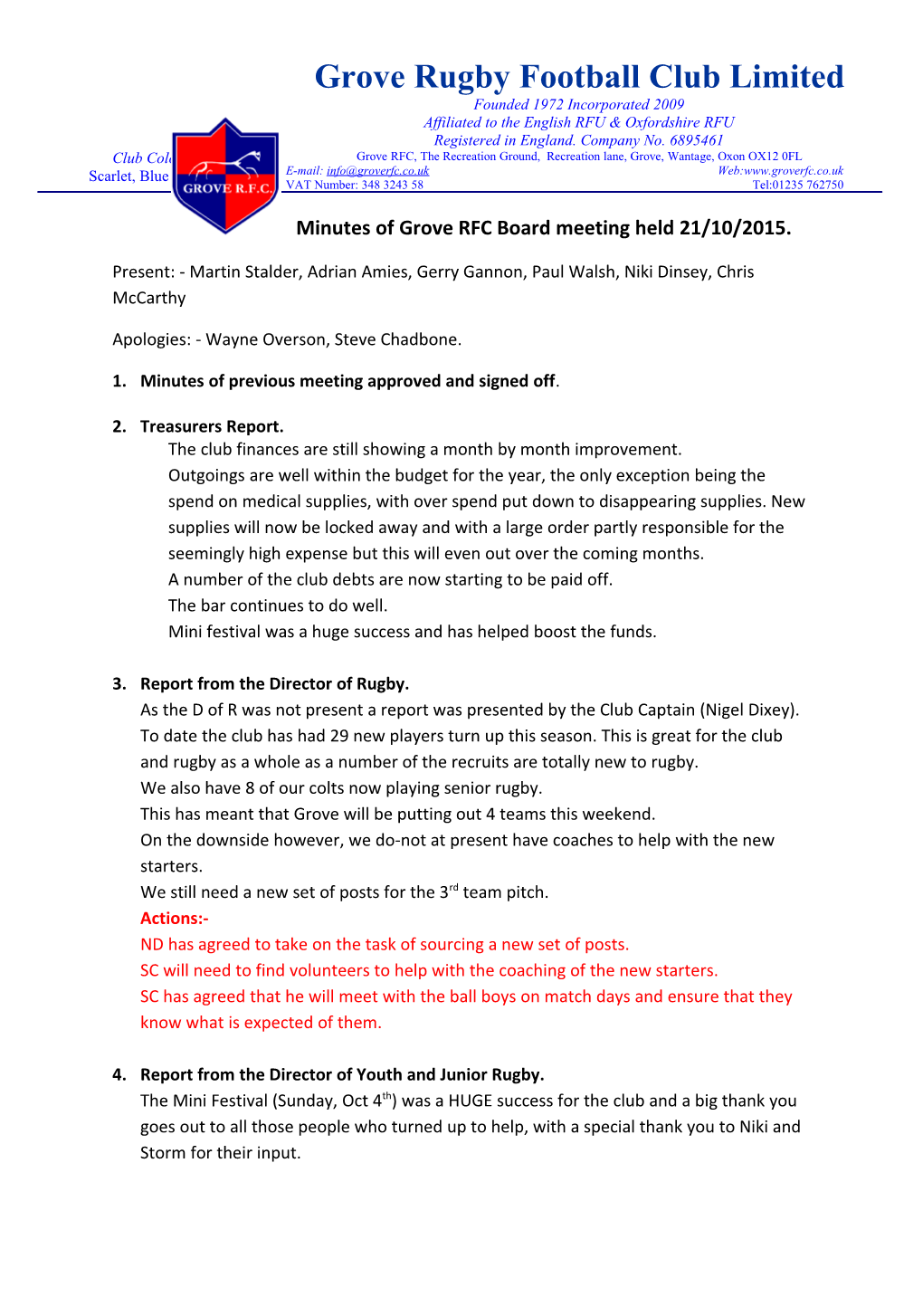 Minutes of Grove RFC Board Meeting Held 21/10/2015