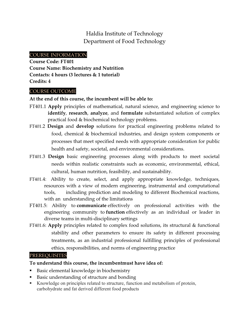 Course Name: Biochemistry and Nutrition