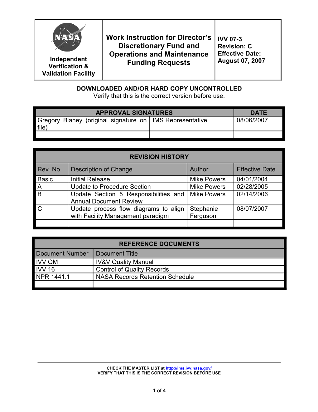 Work Instruction for Director S Discretionary Fund and Operations and Maintenance Funding