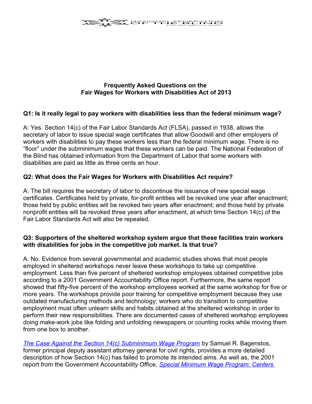 Fair Wages for Workers with Disabilities Act of 2013