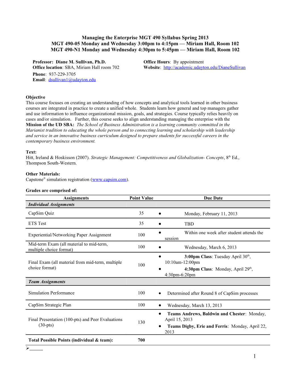 Managing the Enterprise MGT 490 Syllabus Spring 2013