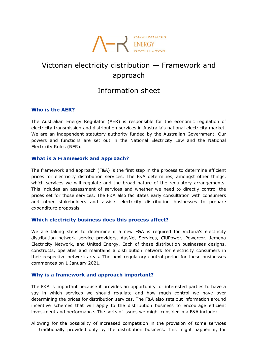 Victorian Electricity Distribution Framework and Approach