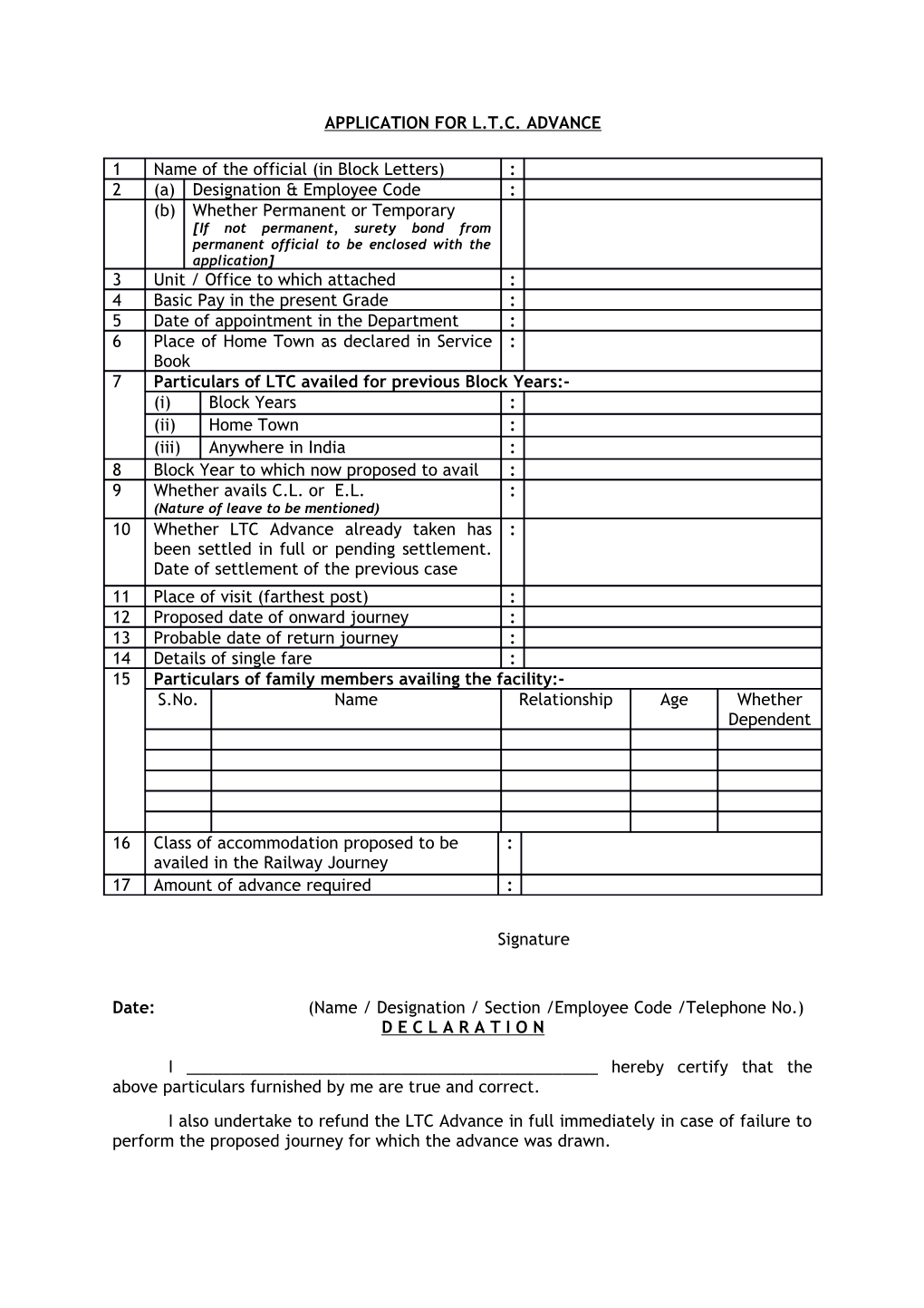 Application for L.T.C. Advance