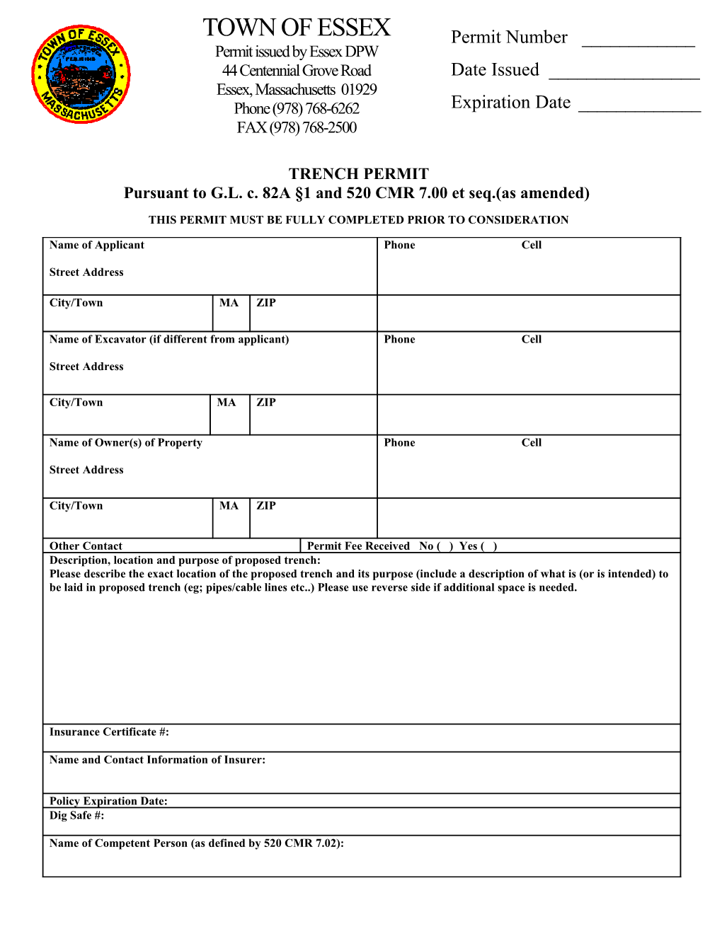 Permit Issued by Essex DPW