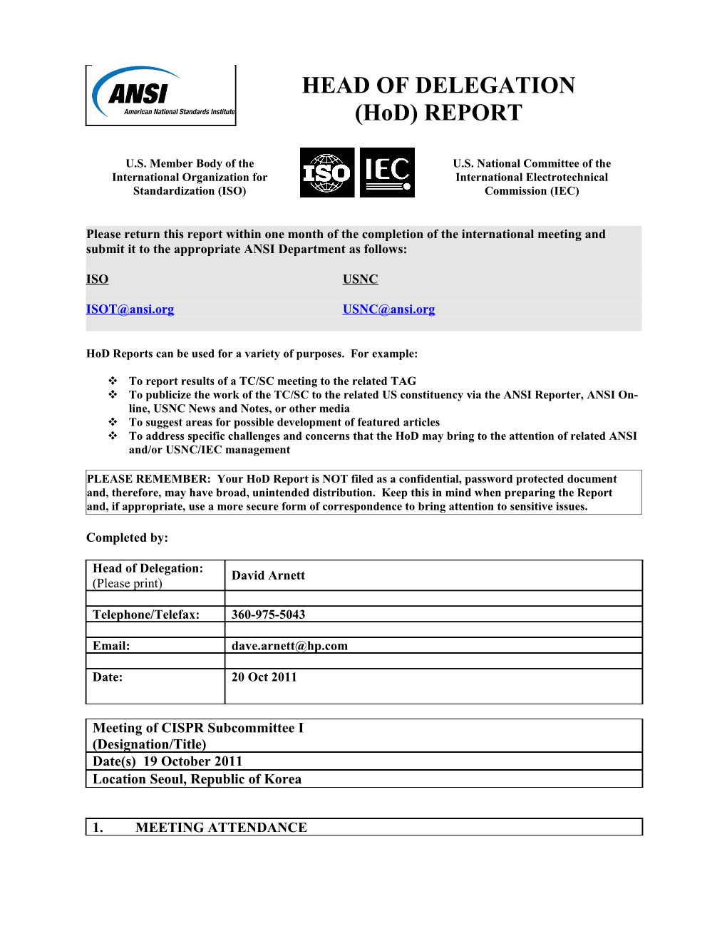 Hod Report Iec Sc Cispr-I Meeting Held in Seoul Republic of Korea October 19 2011