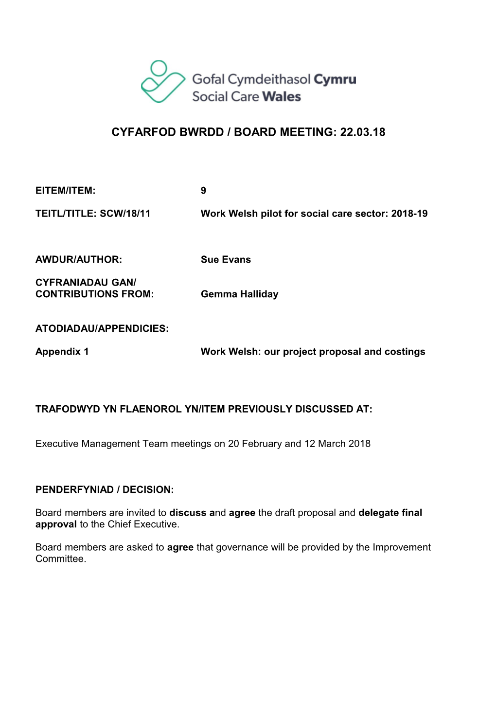 Cyfarfod Bwrdd / Board Meeting: 22.03.18