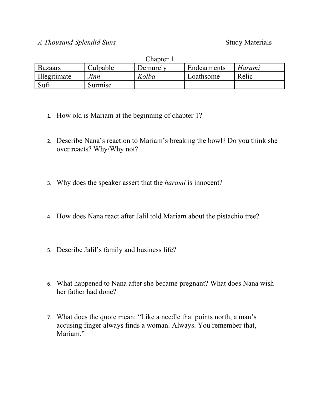 A Thousand Splendid Sunsstudy Materials