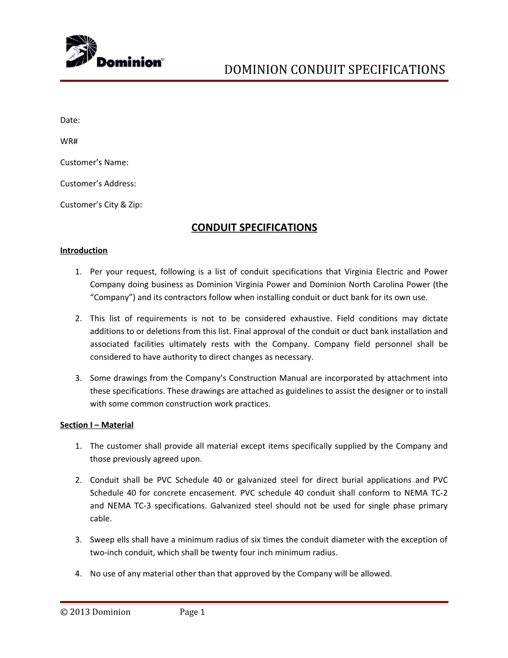 Conduit Specifications Agreement