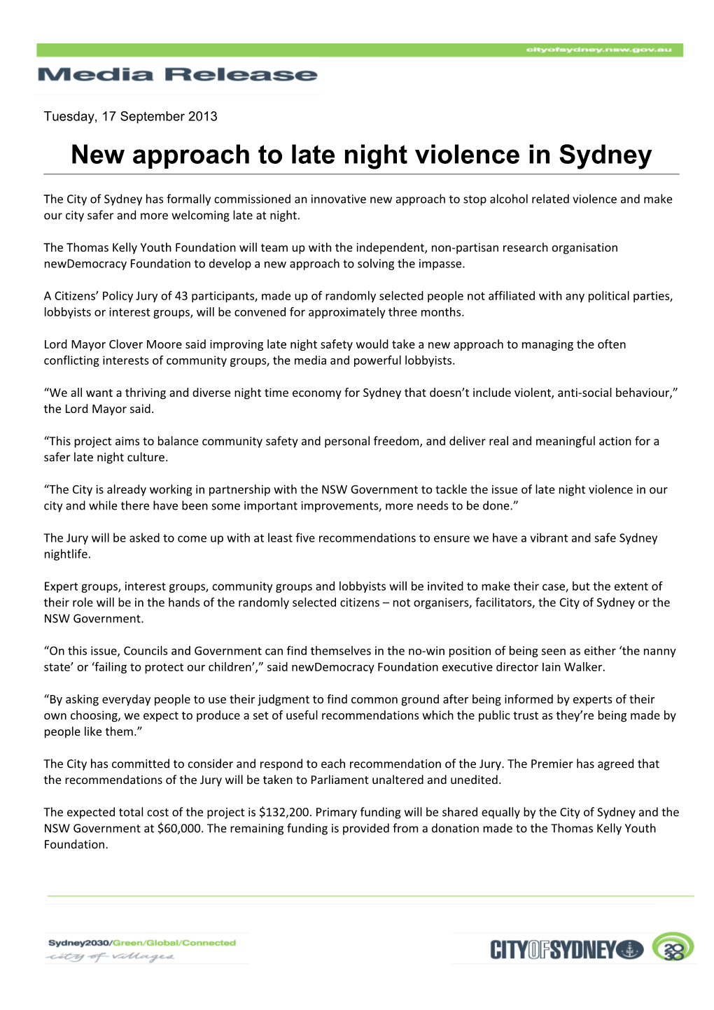 New Approach to Late Night Violence in Sydney