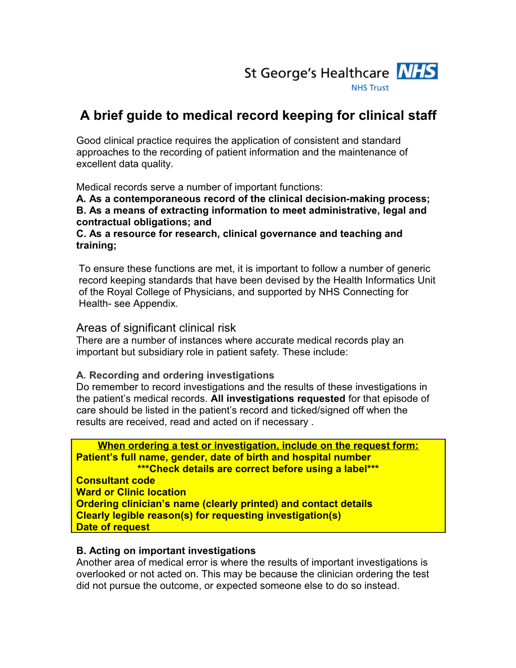 A Brief Guide to Medical Record Keeping for Clinical Staff