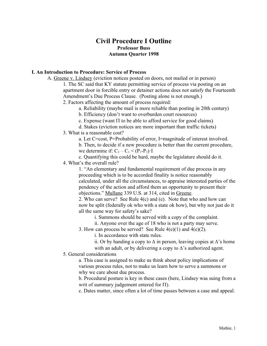 Civil Procedure I Outline