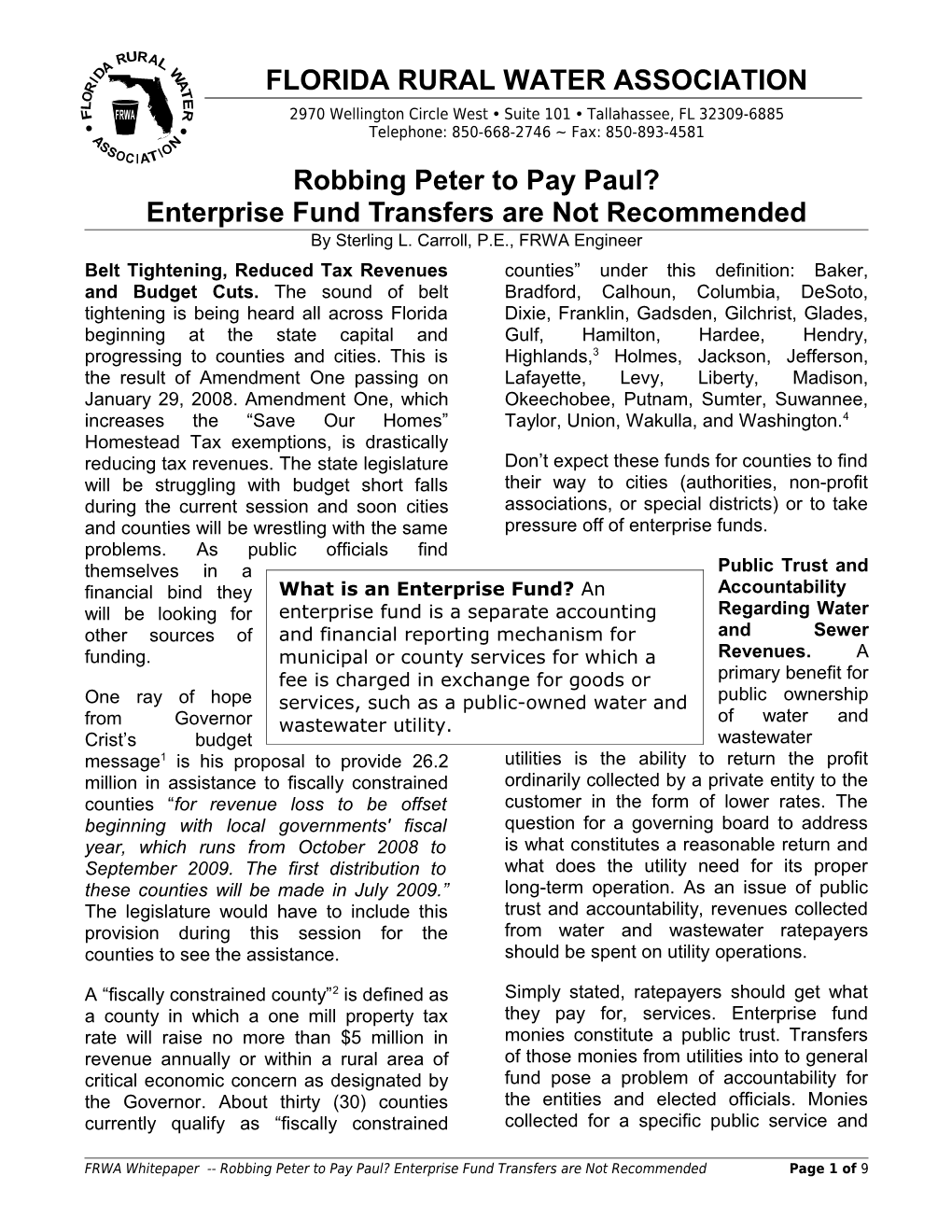 Robbing Peter to Pay Paul? Enterprise Fund Transfers Are Not Recommended