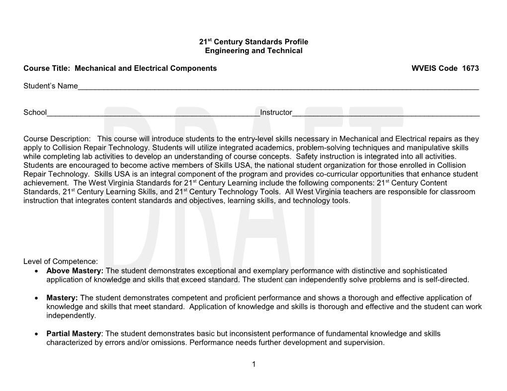 Course Title: Mechanical and Electrical Components WVEIS Code 1673