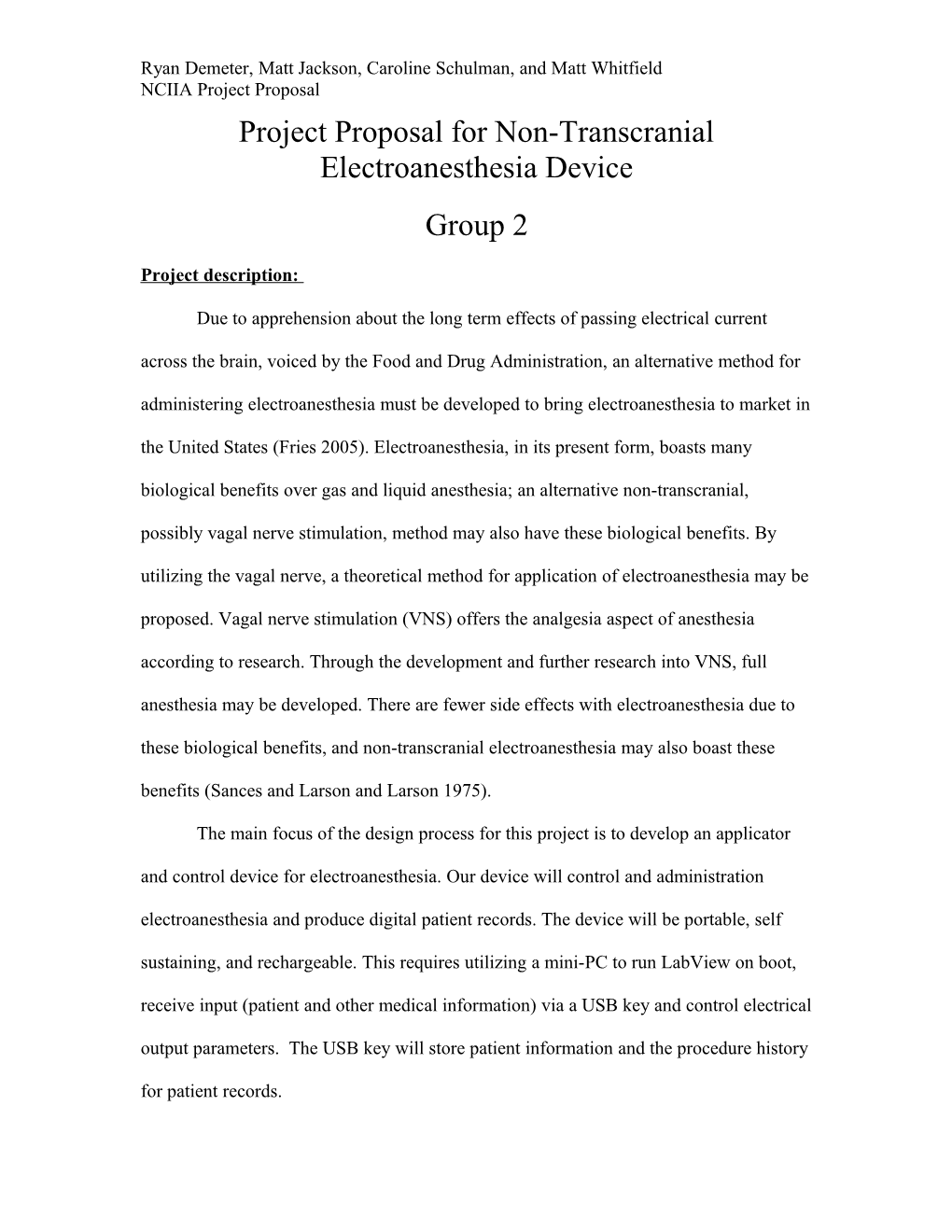 Project Proposal for Non-Transcranial Electroanesthesia Device