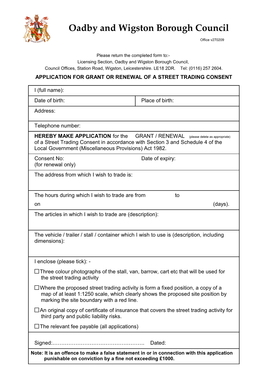 Application Form for Street Trading Consent